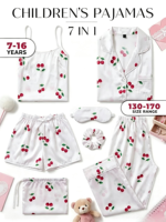 Vente en gros de pyjamas en satin de soie personnalisés 7 en 1, imprimé cerises, masque pour les yeux, pantalon, short, vêtements de nuit, vêtements de détente, fabricant de vêtements de marque privée