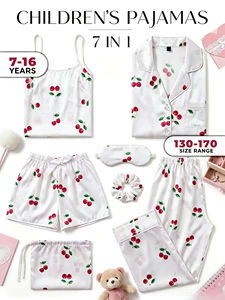 Pijamas <span class=keywords><strong>de</strong></span> Seda Satinada 7 en 1 Personalizadas al por Mayor, con Estampado <span class=keywords><strong>de</strong></span> Cerezas, Antifaz, Pantalones, Shorts, Ropa <span class=keywords><strong>de</strong></span> Dormir y <span class=keywords><strong>de</strong></span> Estar por Casa <span class=keywords><strong>de</strong></span> Marca Privada, Fabricante - Product Image 1