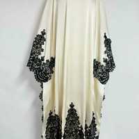 Robe Abaya Musulmane d'Automne en Satin, Kaftan Noir Brodé de Dentelle, Manches Chauve-Souris, Col Montant, Longue Robe Maxi Islamique pour Femme