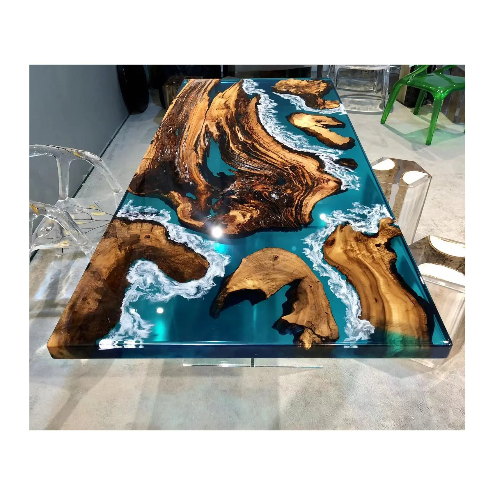 Fábrica diretamente fornecer tabela de slab de madeira sólida personalizada de alta qualidade rio jantar mesa de luxo transparente resina epóxi verde oceano mesa