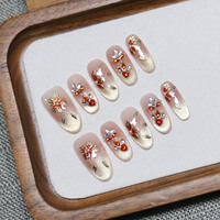 Kuku Palsu Cat-Eye Buatan Tangan Murni dengan Hiasan Kelopak Bunga Tiga Dimensi Gaya Prancis Pola Bunga Press-on Nail