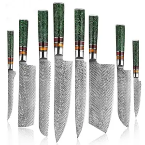 Pisau dapur Damaskus kualitas tinggi Set dengan Resin pegangan tempa pisau dapur Set pisau golok ukir Boning Santoku pisau koki