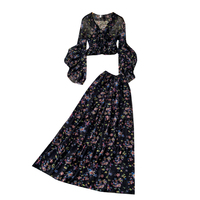 Ensemble jupe deux pièces imprimé style vacances à la française pour femme, manches longues, col en V, manches lanternes, taille froncée, pour l'automne