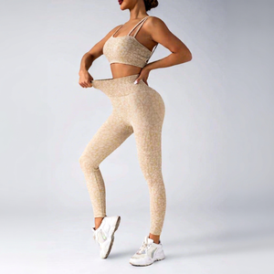 Beige Printed Racerback Yoga Set High Waist Full Length <b>Leggings</b> <b>Crop</b> Top 2 Piece Activewear Stretch - Product Image 1