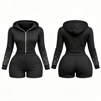 HuiYu Dames Vintage Print Rits Hoodie en Shorts 2-delige Set Aangepaste Logo Hoge Kwaliteit Strass Activewear Trainingspakken