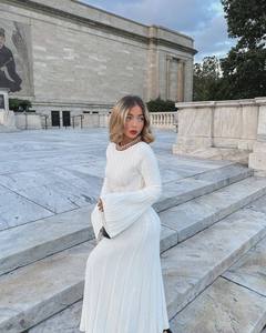 Vestido maxi de punto sin espalda blanco para mujer elegante acampanado de manga larga ceñido al cuerpo vestidos de fiesta señora vacaciones Club trajes de noche - Product Image 2