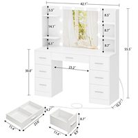 Coiffeuse blanche design en gros avec grand miroir et 10 lumières LED, table de maquillage avec 7 tiroirs et étagères ouvertes