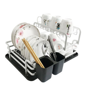 High Quality 2-Tier Fog Silver Aluminum Metal Detachable Kitchen Dish Drying Rack w Plastic Cutlery Holder Silicone Drainboard