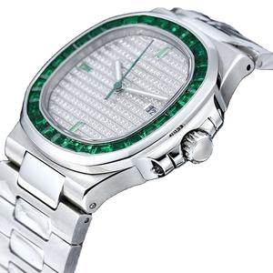 Nouvelle montre-bracelet pour homme de haute qualité, style hip-hop, boîtier en forme d'oreiller, bracelet en acier inoxydable, lunette sertie de pierres vertes, cadran entièrement serti de diamants, affichage de la date - Product Image 2