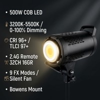 Lumière vidéo LED professionnelle SY-BK500 500W, 250 000 Lux, lumière du soleil de studio ultra-lumineuse, 3200-5500K, lumière de photographie COB bicolore
