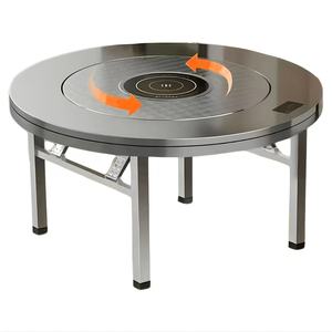 Meja Makan Bulat Lipat dari Baja Tahan Karat dengan Kompor Induksi Terintegrasi & 360 °   Meja Putar untuk Penggunaan di Rumah & Restoran - Product Image 1