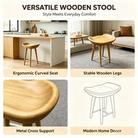 Tabouret et repose-pieds en bois faits à la main EFS, avec siège incurvé ergonomique et support croisé en métal, pour un mobilier domestique polyvalent