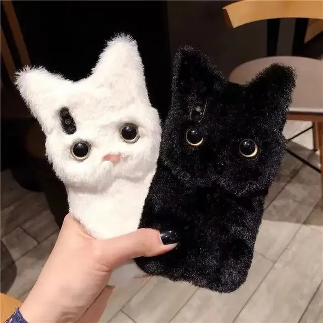 Winter Warm Plush Phone Case for iPhone 16 15 14 XS XR X 13 12 11 Pro Max Cat Furry Fluffy Fur Cover for iPhone 7 8 Plus Cases