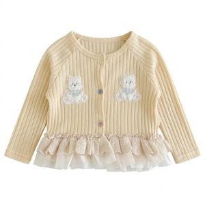 Novedad <span class=keywords><strong>de</strong></span> Otoño: Camisa <span class=keywords><strong>de</strong></span> Estilo Dulce para Niñas con Bordado <span class=keywords><strong>de</strong></span> Osito, Cárdigan <span class=keywords><strong>de</strong></span> Algodón Tejido y Top con Parches <span class=keywords><strong>de</strong></span> Encaje - Product Image 1