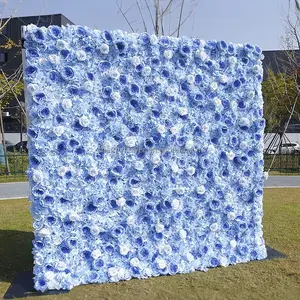 Wedding Hotel Salon Decor 3d Background Fake Flowerwall Backdrop Panel Blue Artificial Silk Rose Flower Wall For Sale Rental