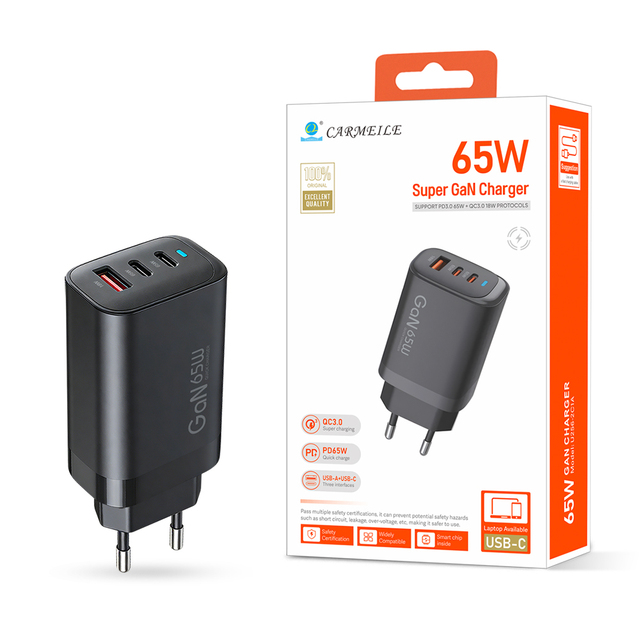 Black White 65W GaN Type-C Fast Charger 3-Port (2 USB-C + 1 USB-A) PD 3.0 EU Plug for Phones Laptops & Earphones