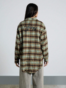 Phụ nữ flannel Áo Sơ Mi Thêu kiểm tra flannel Có Cổ Nút xuống áo sơ mi quá khổ - Product Image 2