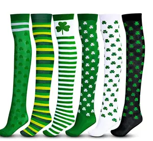 帕特里克节派对穿爱尔兰绿色条纹丝袜妇女过膝棉爱尔兰舞蹈袜