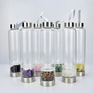 2024 populaire cristal pierre bambou verre eau potable tasse bouteille couvercle en bambou avec bande de main Logo personnalisé tasse à eau - Product Image 5