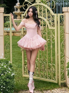 Vestido Mini de Tul Rosa con Hombros Descubiertos <span class=keywords><strong>para</strong></span> Mujer, Vestido de Fiesta con Volantes, Elegante <span class=keywords><strong>para</strong></span> Eventos Formales, Cócteles y Veladas - Product Image 5
