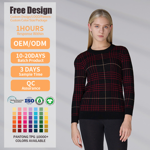 Suéter de Punto Personalizado de Fábrica, 100% Lana, para Mujer, Manga Larga, Cuello Redondo, Diseño a Cuadros - Product Image 2