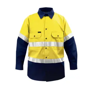 Baju kerja pria lengan panjang kuning konstruksi mekanik tambang Hi Vis pakaian kerja reflektif tinggi 100% katun