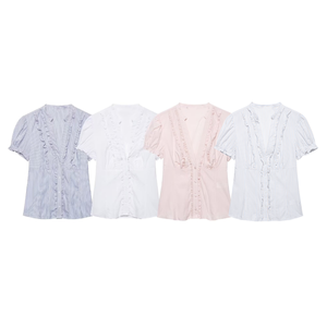 SHENZHU 2026 Nuova <span class=keywords><strong>Camicia</strong></span> Estiva da Donna con Scollo <span class=keywords><strong>a</strong></span> V, <span class=keywords><strong>Maniche</strong></span> <span class=keywords><strong>a</strong></span> Sbuffo e Decorazioni Stratificate, Vestibilità Slim, in Popeline, Manica Corta 4772014 - Product Image 1