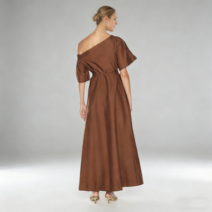 <span class=keywords><strong>Vestido</strong></span> Maxi Casual <span class=keywords><strong>de</strong></span> Algodón Marrón con un Hombro Descubierto y Bolsillos para Mujer, Estilo Línea A, Ideal para Verano, Playa, Vacaciones y Fiestas, OEM ODM Personalizado - Product Image 5