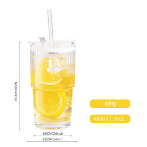 Vaso de Vidrio con Rayas Verticales, Tapa Antiderrames, Apto para Alimentos, NOVARE, para Bebidas Frías, Smoothies, Moderno, para Hogar y Oficina - Product Image 3