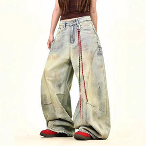 Pantalon Harem en Denim Américain Unisexe, Coupe Ample et Large, Délavé Moyen, Effet Teinture Boue Jaune, Style Urbain International, Effet Usé - Product Image 1