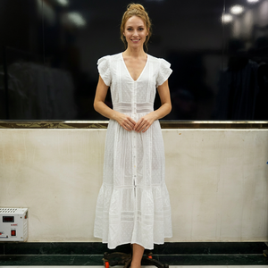 White V-Neck Cap Sleeve Midi Cotton Dobby <b>Dress</b> With lace detailing And Button Front A-Line Casual Summer <b>Dress</b> - Product Image 1