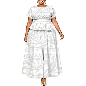 Conjunto de 2 Piezas Puletasi con Estampado Tapa Verde y Negro, Talla Grande para Mujer, Top de Manga Corta con Volantes y Vestido Largo Maxi, Estilo de las Islas del Pacífico - Product Image 5