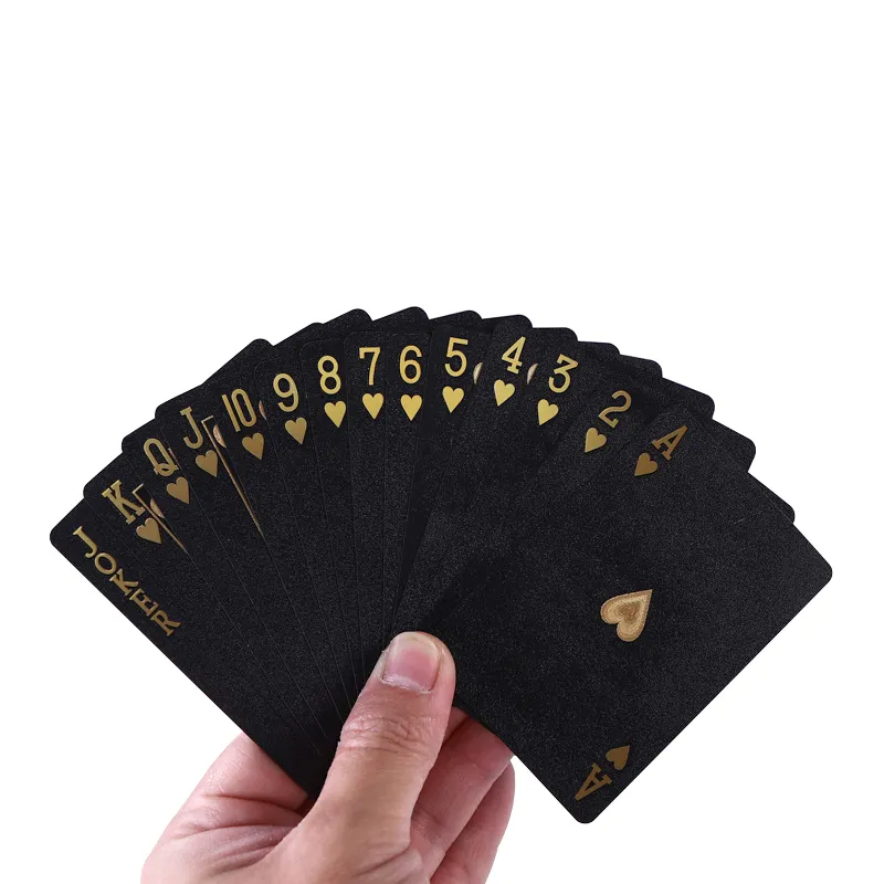Custom Pvc Waterdichte Plastic Speelkaarten Poker Logoprinting Zwart En Goud Speelkaarten
