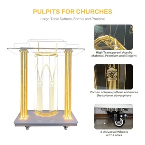 Ergonomic thiết kế vàng Acrylic Nhà thờ bục Acrylic bục giảng đứng rõ ràng bục giảng với đèn LED và bánh xe - Product Image 4