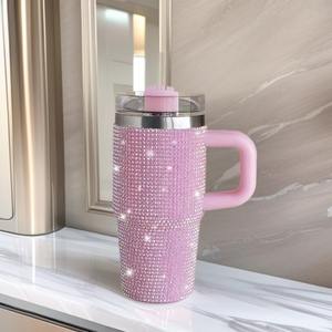 แก้วกาแฟแบบมีหูจับ ขนาด 14 ออนซ์ ประดับเพชรหลากสี แบบขายส่ง พร้อมฝาปิดและหลอดดูด - Product Image 3