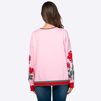 Produsen Sweatshirt Wanita Model Crewneck Lengan Panjang dengan Aplikasi Bunga Mawar, Tepi Raw Edge, Trim Warna Kontras, dan Model Longgar