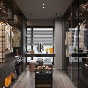 Dressing sur mesure pour chambre principale, élégant, haut de gamme, noir, luxe, en bois massif, avec étagères ouvertes, design moderne, réglable - Product Image 1