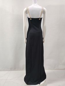 Abito lungo nero <span class=keywords><strong>con</strong></span> <span class=keywords><strong>spacco</strong></span> alto, tracolla a doppia catena <span class=keywords><strong>con</strong></span> fibbia a occhio di pollo, sette colori, novità 2026 - Product Image 4