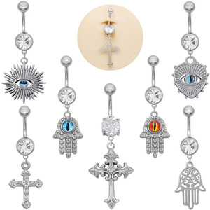 Piercings de Umbigo Modernos em Aço Inoxidável com Pingente de Olho Grego, Cruz e Mão de Hamsa, com Zircônia Cúbica, para Mulheres, Estilo Gótico - Product Image 1
