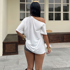 เสื้อยืดผู้หญิงแบบไหล่เฉียงพิมพ์ลายธงชาติอเมริกา สไตล์วินเทจทรงโอเวอร์ไซส์แนวสตรีทฮิปฮอป - Product Image 5