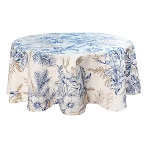 ผ้าปูโต๊ะผ้าฝ้ายโพลีเอสเตอร์58 "R พิมพ์ลายดอกไม้บล็อกสีฟ้าผ้าปูโต๊ะสำหรับงานเลี้ยงวันเกิดสำหรับงานแต่งงานโลโก้ที่กำหนดเอง