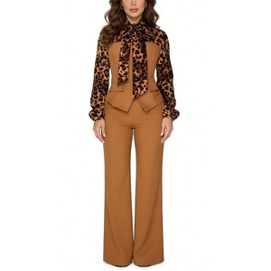 Herfstbestseller Dames Luipaardprint Kraag Shirt & Broek Casual 2-delig Set Sehe Fashion - Product Image 1