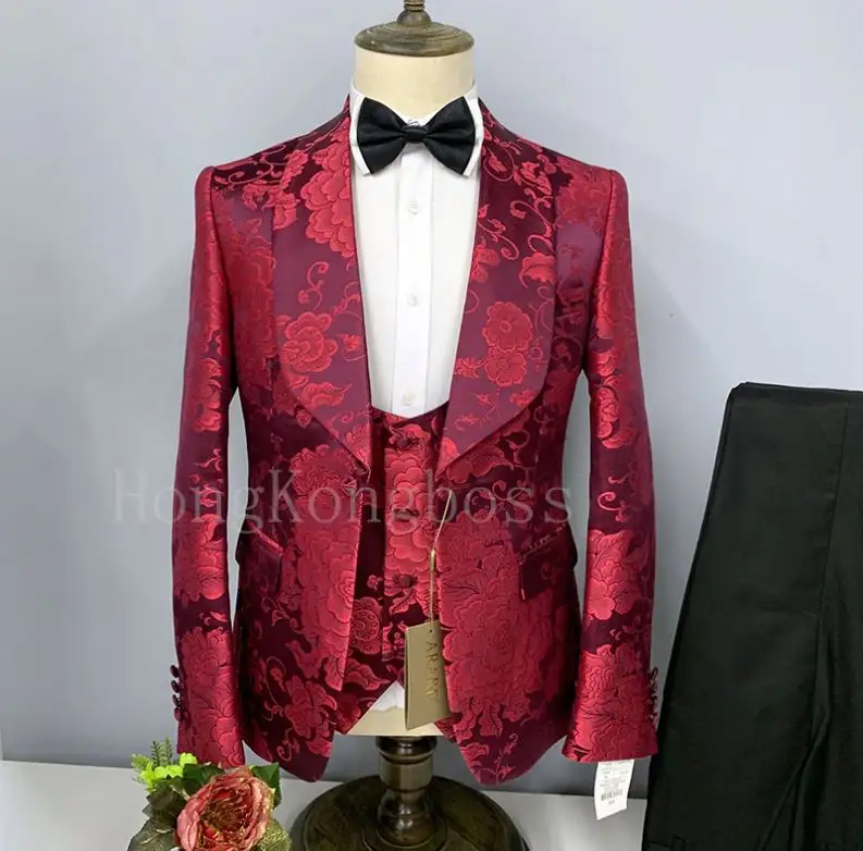 Luxury design regular Slim Fit Floral Jacquard men's Prom Party Wedding Formal Wine red 3 Piece Blazers Tuxedo Suits For Men