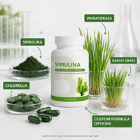 Capsules de spiruline de qualité supérieure, alimentation végétale, superaliment vert, supplément nutritionnel, fabrication OEM ODM, étiquette privée
