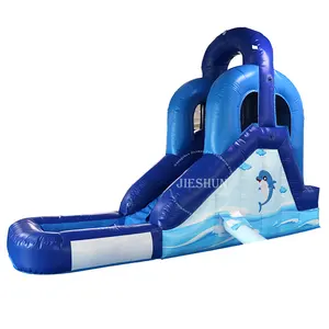 Tobogán acuático inflable con piscina para niños pequeños, comercial, venta al por mayor, con forma de delfín moonwalk