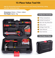 Kit d'outils manuels portables 15 pièces, ensemble d'outils pour la maison pour les réparations de bricolage de base à domicile