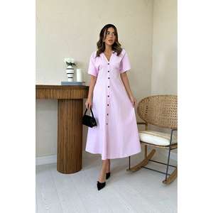 Vestido Midi de Popelina con Botones Rosa para Mujer, Estilo Gótico Dulce, para Cualquier Temporada, Talla XS, Ligero, Diseño Sólido - Product Image 5