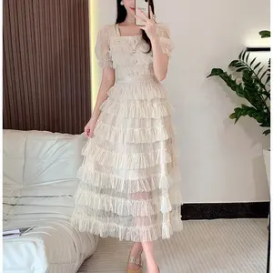 Đầm Nữ nhiều lớp lưới tay Ruffle cổ vuông phong cách mới thanh lịch mùa Hè