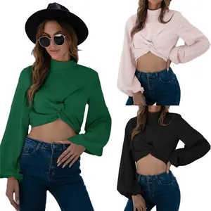 Roupa feminina para outono e inverno, blusa crop de manga longa e gola alta, manga lanterna, outono e inverno 2023