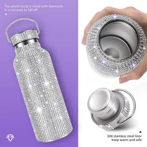 Botol Air Vakum Wanita, Botol Air Stainless Steel Berkilau Berlian Imitasi Kristal Portabel Kreatif untuk Wanita